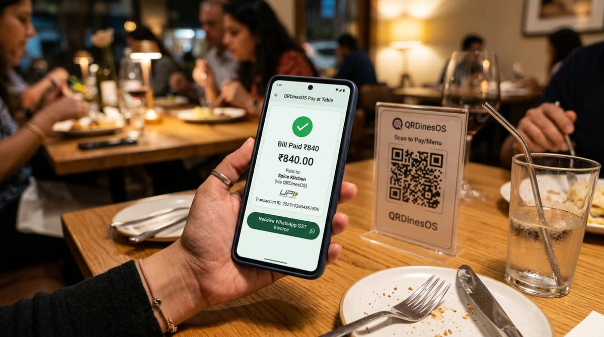 Guest scanning UPI QR code on table tent for instant checkout in a restaurant