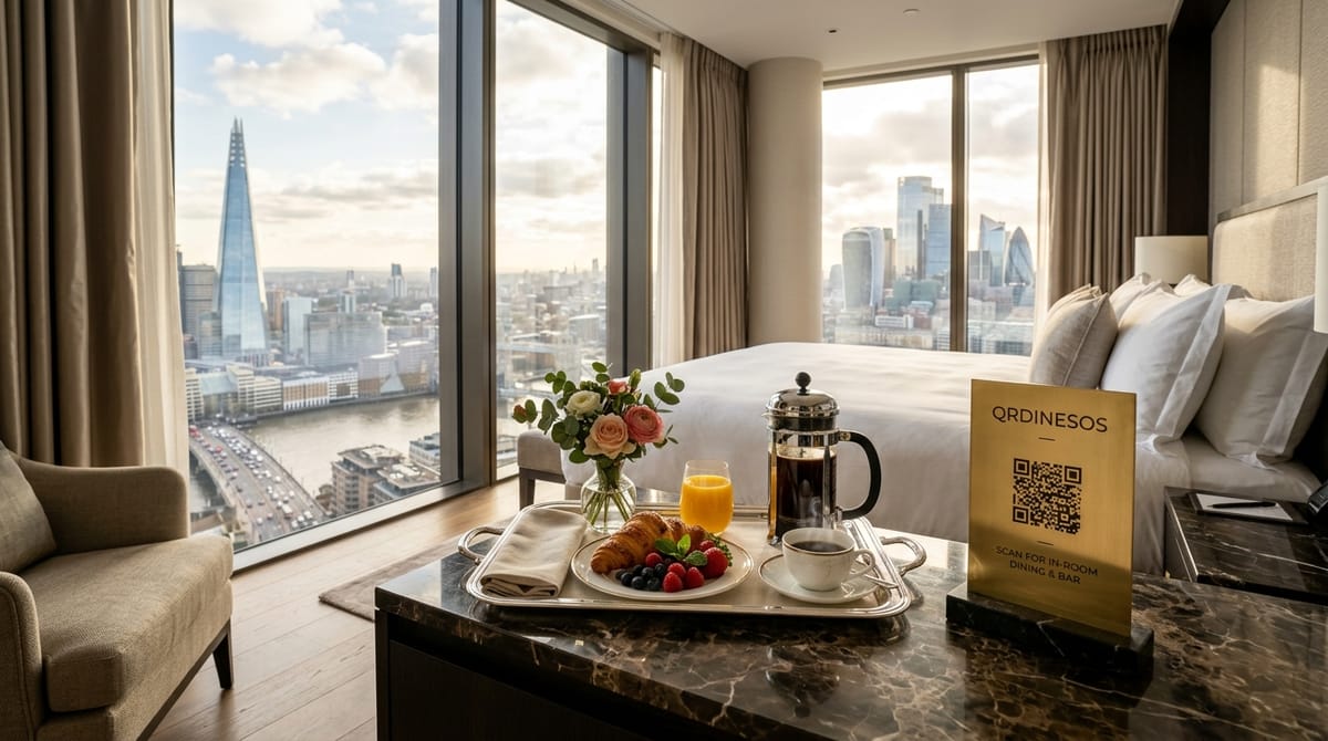 Hotel guest room bedside table with contactless QR in-room dining tent card